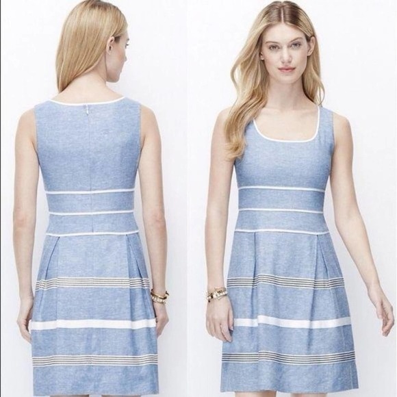 Ann Taylor Linen Blend Light Blue & White Textured Stripe Flare Dress -Size 2 - Picture 4 of 7